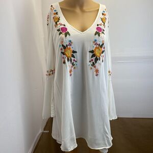 Womens Sugar Lips V Neck Floral Embroidered Lined Tunic Dress Bell Sleeve Sz M